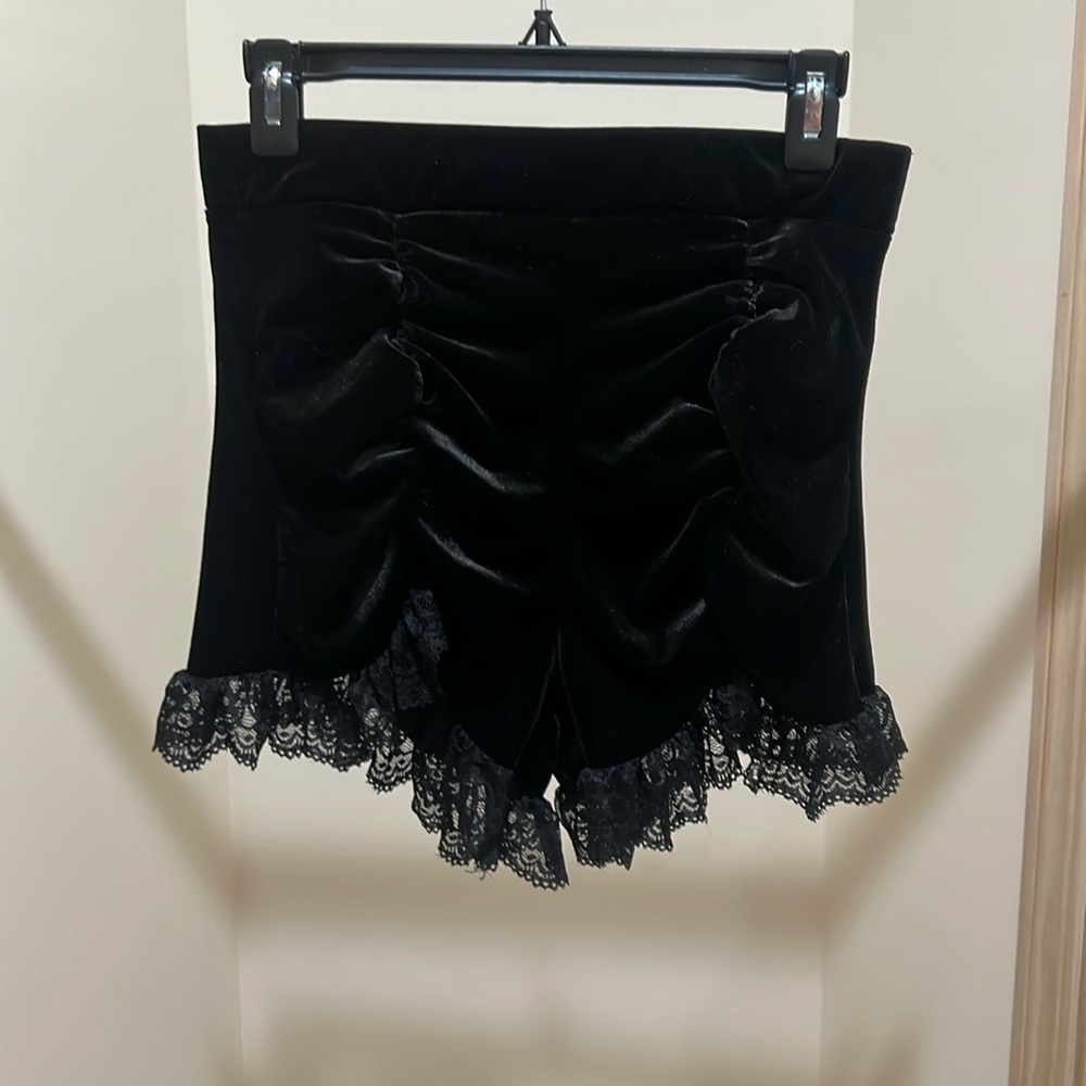 Black Ruched Balconette Velvet and Lace High Waisted Shorts